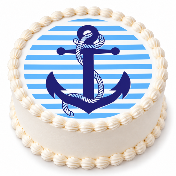 6" Pre-Cut Round Blue and White Stripes with Nautical Anchor and Rope Edible Image Cake Topper, by TNCT. (1 Count)