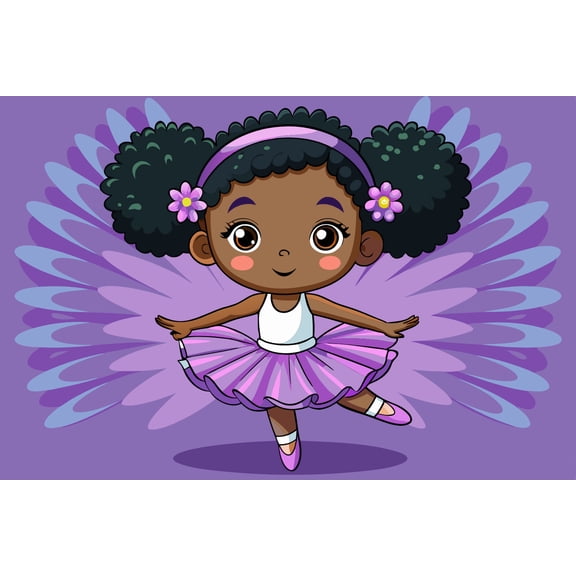 6" Round Pre-Cut Cartoon African American Girl Ballerina With Purple Tutu & Purple Background Photo Edible Image Cake Topper