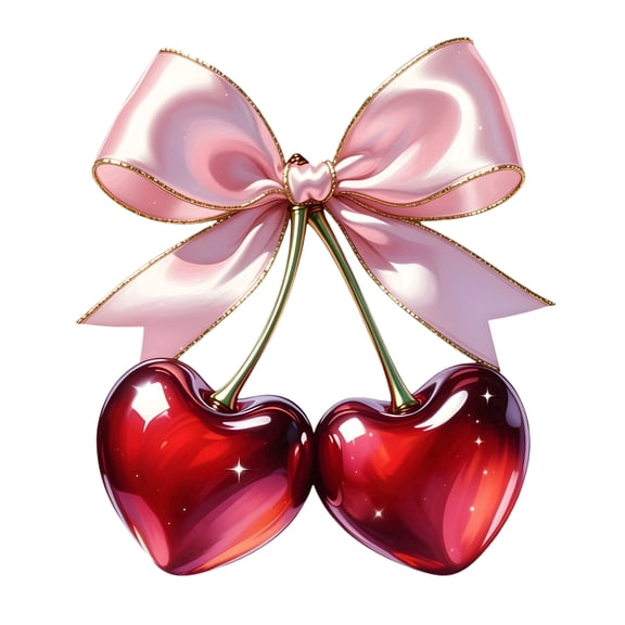Cherry Shaped Hearts with Pink Bow Valentines Romance Love Theme Edible Icing Image Cake topper, by Tnct.