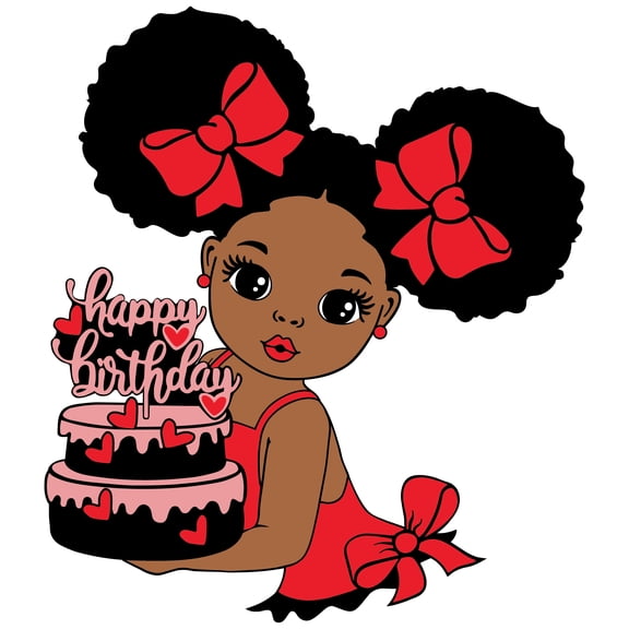6" Round Pre-Cut Happy Birthday African American Cartoon Girl Holding Her Birthday Cake With Red Bows Photo Edible Image Cake Topper