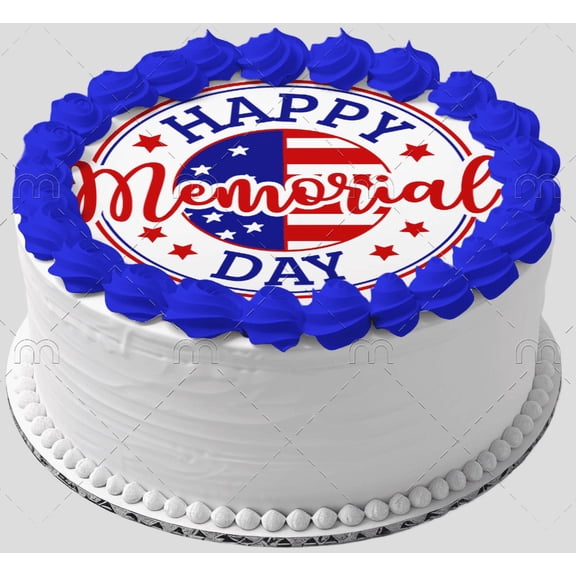 6" Round Pre-Cut Happy Memorial Day Red, White & Blue Edible Image Cake Topper, by Tnct. (1 Count)