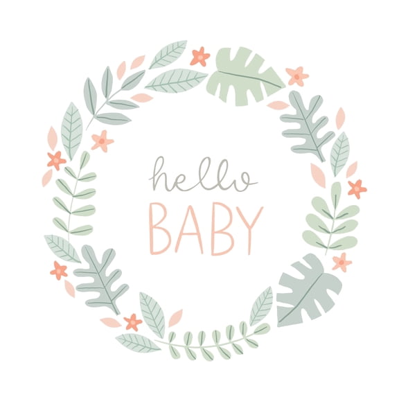 Hello Baby with Green Leaves & Peach Flowers Edible Icing Image Cake topper, by Tnct.