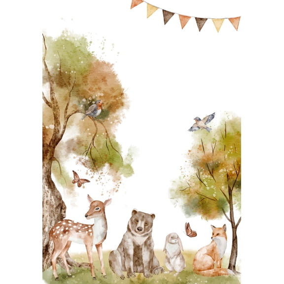 6" Round Pre-Cut Watercolor Forest Animals, Bear, Deer, Hare & Fox Woodland Theme Birthday,Baby Or Bridal Shower Photo Edible Image Cake Topper