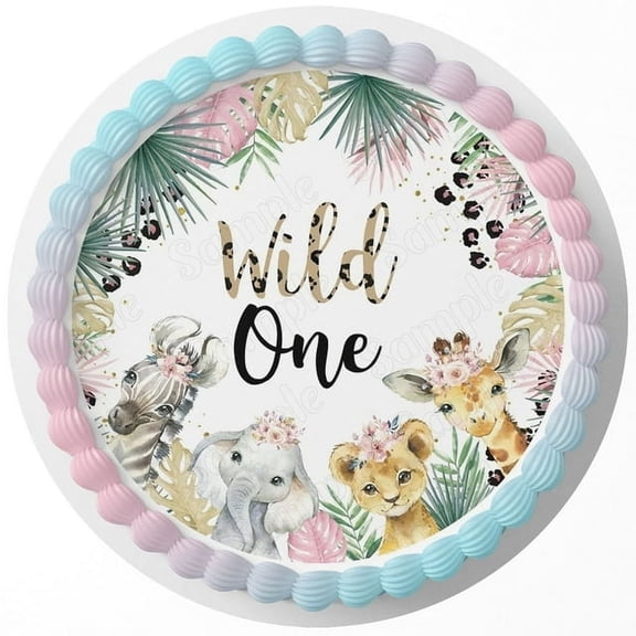 6" Round Pre-Cut Wild One Baby Safari Animals Girl Pink Edible Image Cake Topper By TNCT