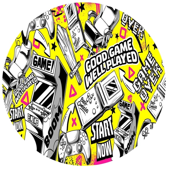 6" Round Pre-Cut Yellow, Black & White Gamer Theme with Video Arcade Games, Gamer Control Edible Image Cake Topper, by Tnct. (1 Count)