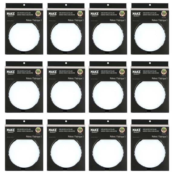 Make Market 6" Round Slate Sublimation Blanks - White Single-Side Printable Slate with Rough Gray Edges & Display Stands, Heat Transfer Ready, 12 Pack