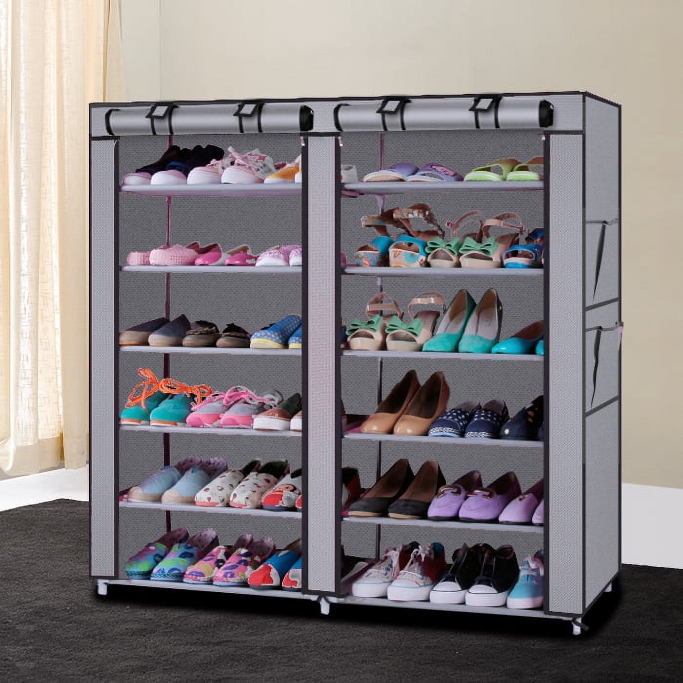6-Row 2-Line 12 Lattices Non-woven Fabric Shoe Rack - Compact Gray Storage Solution for Easy Shoe Organization