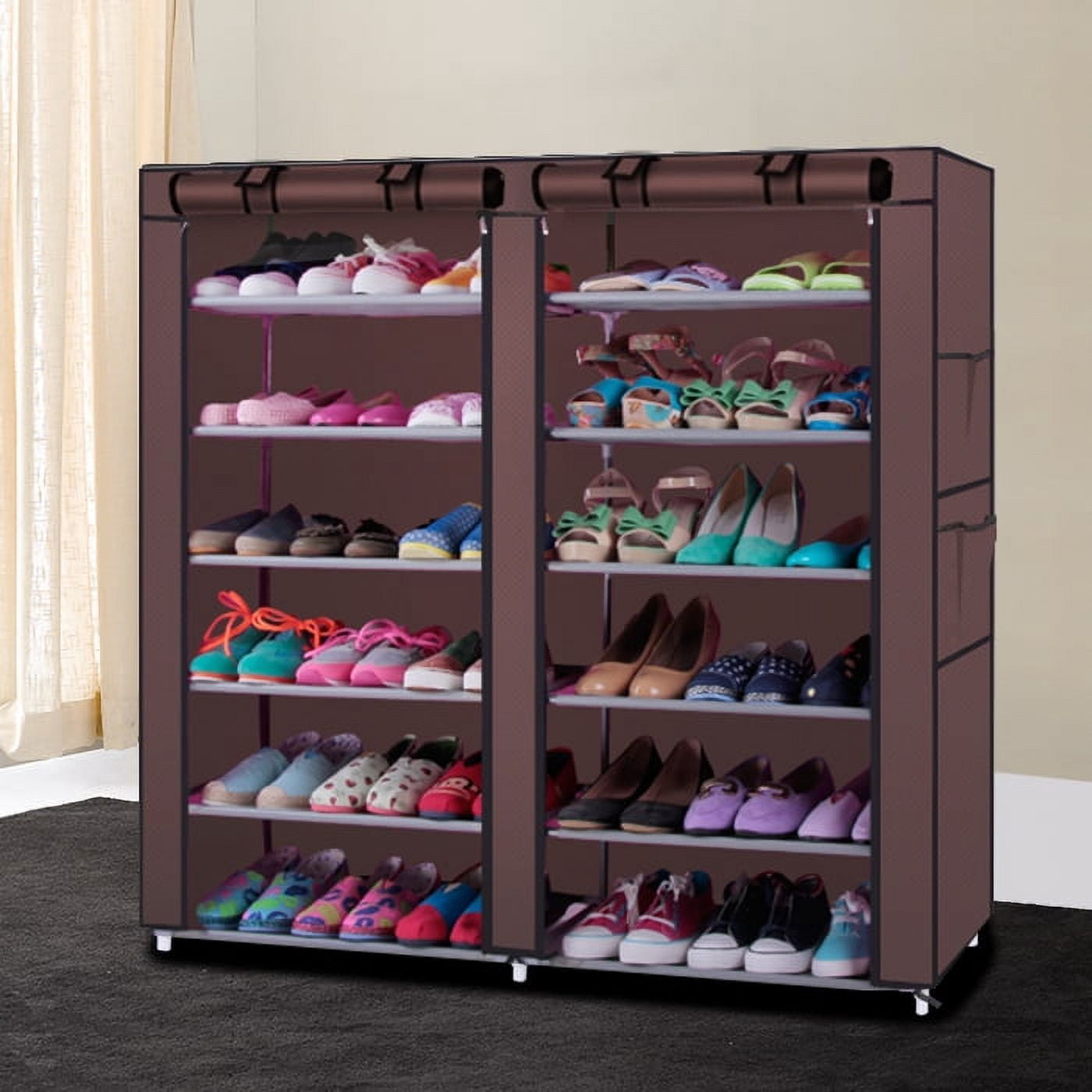 6-Row Shoe Rack, 2-Line 12 Lattices Non-woven Fabric, Coffee