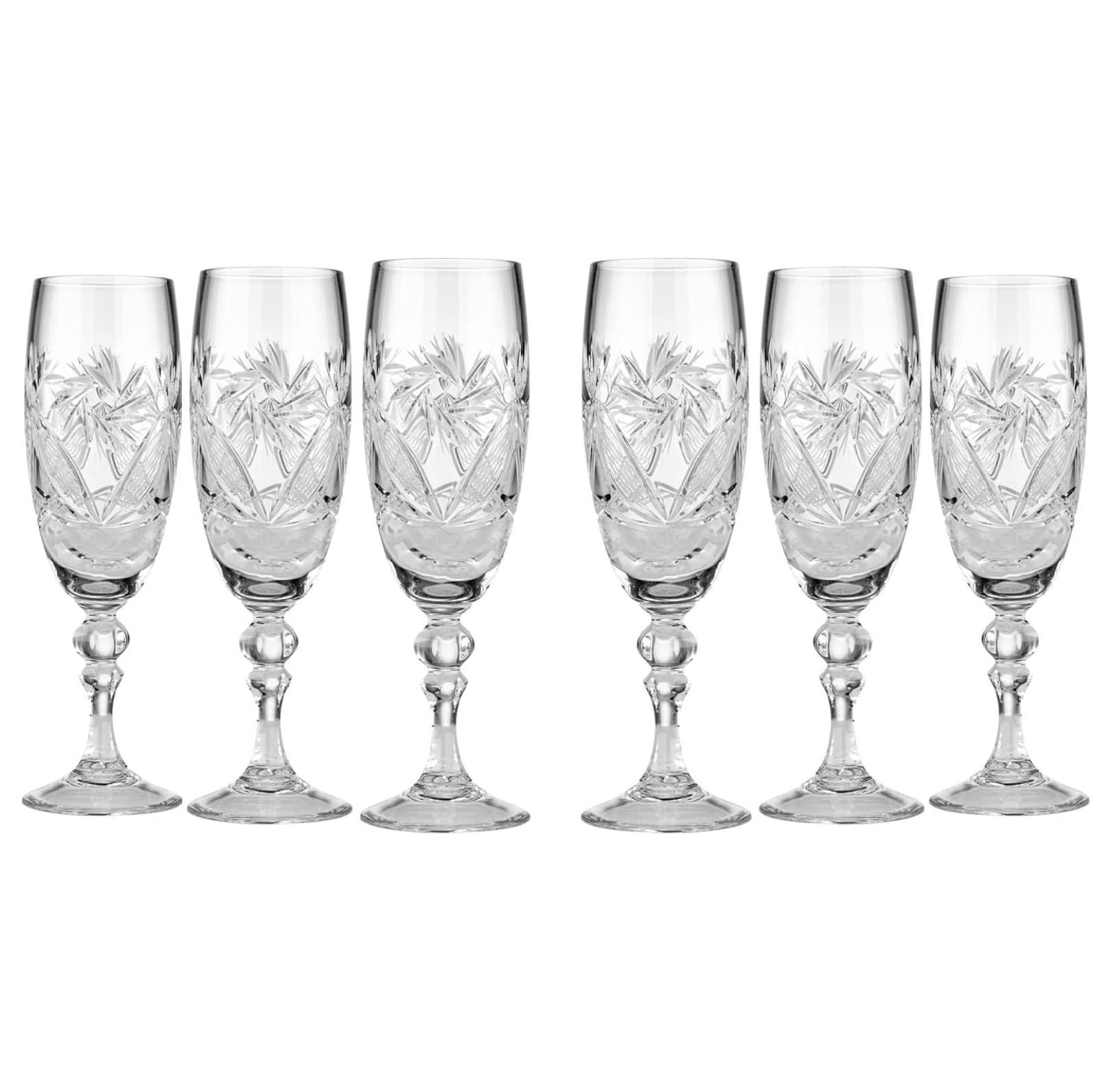 Neman 6 Handmade Russian Cut Crystal Champagne Glasses – 200ml/6.8oz On Stem, Set Of 6
