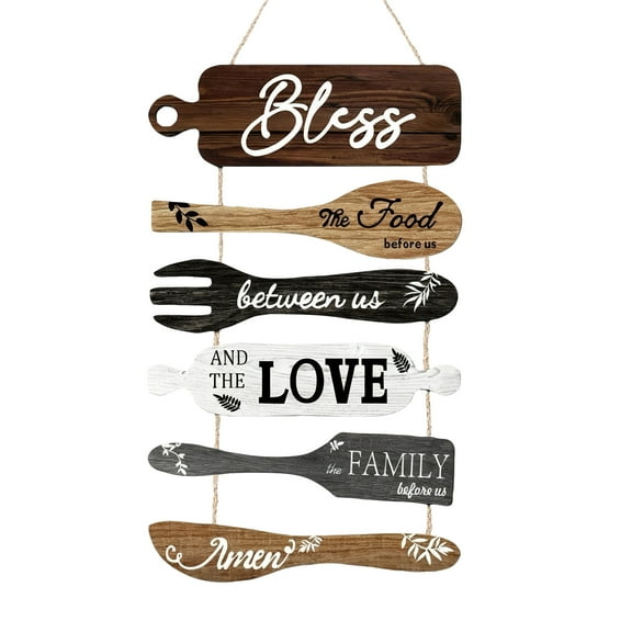 6 Rustic Wooden Kitchen Wall Decor, Dining Room Hanging Art, Neutral Style Collage Signs With Hanging Cord, 6-Piece Cutout Utensil Design, "Bless The Food, Love The Family"