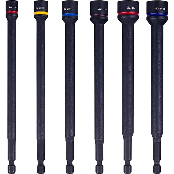 6- SAE Nut Driver Set, S2 Steel Impact 6" Nut Setters, Imperial Sizes 1/4"-5/16"-3/8"-7/16"-1/2"-9/16"