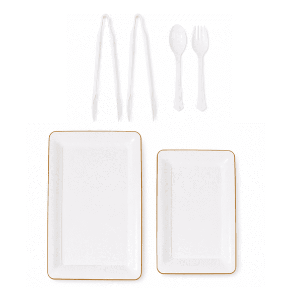 6 Count, White Plastic Serving Set with Gold Rim, Includes 2 Trays, 2 Tongs, 1 Spoon, 1 Fork, by Way To Celebrate