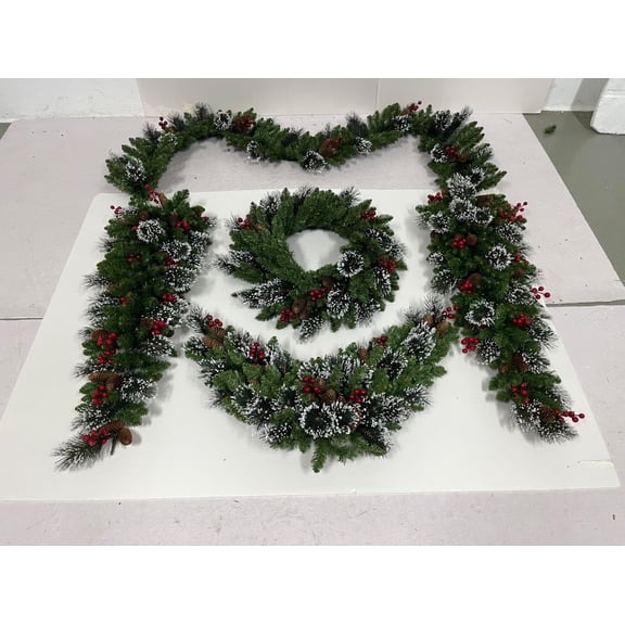 Pre-Lit Frosted Christmas Wreath Set of 6, Pine Cones & Holly Berries, LED Lights, PVC Holiday Decor with Garland & Swag for Indoor Outdoor