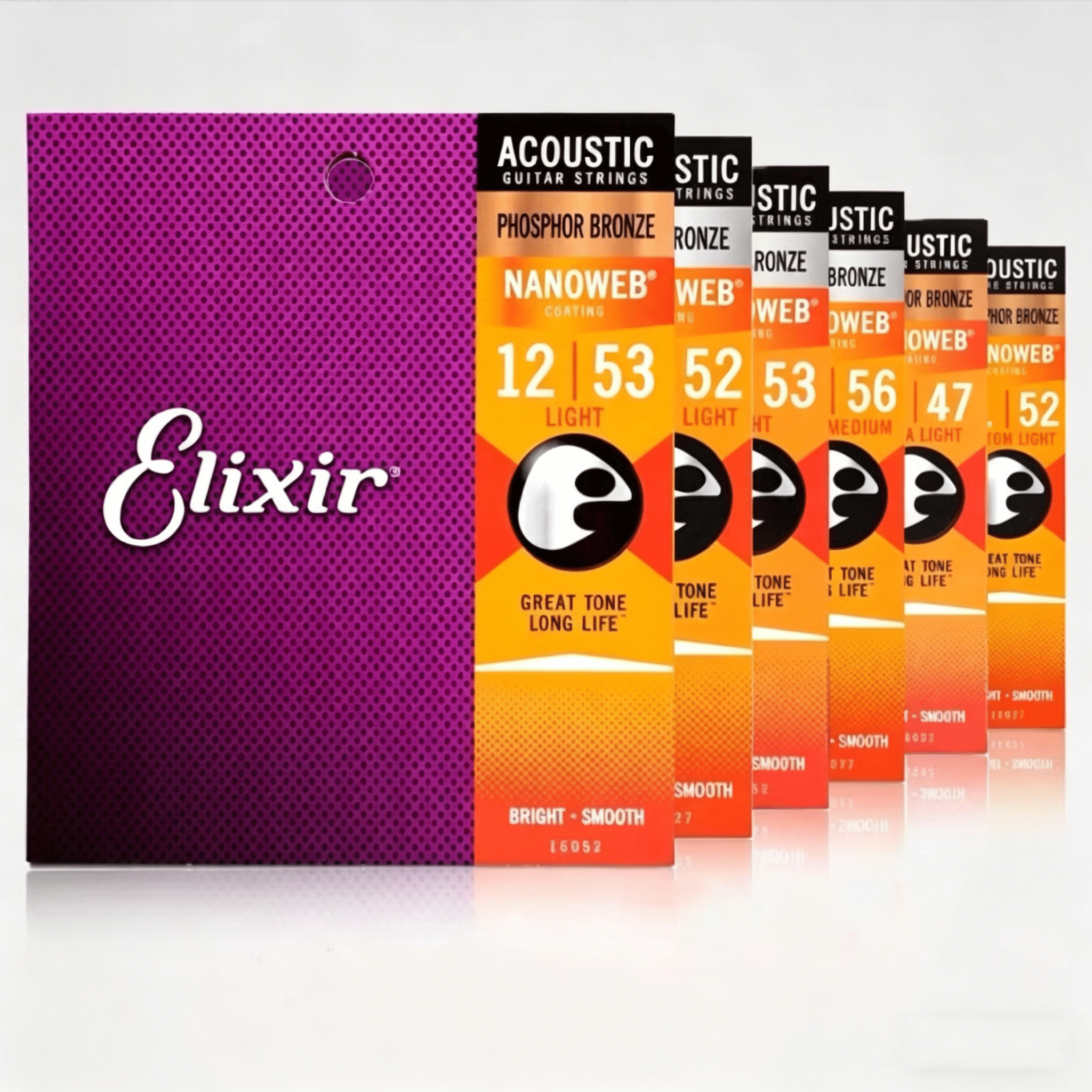 *6 SETS ELIXIR 16052 NANOWEB ACOUSTIC GUITAR STRINGS LIGHT 12-53 PHOSPHOR BRONZE