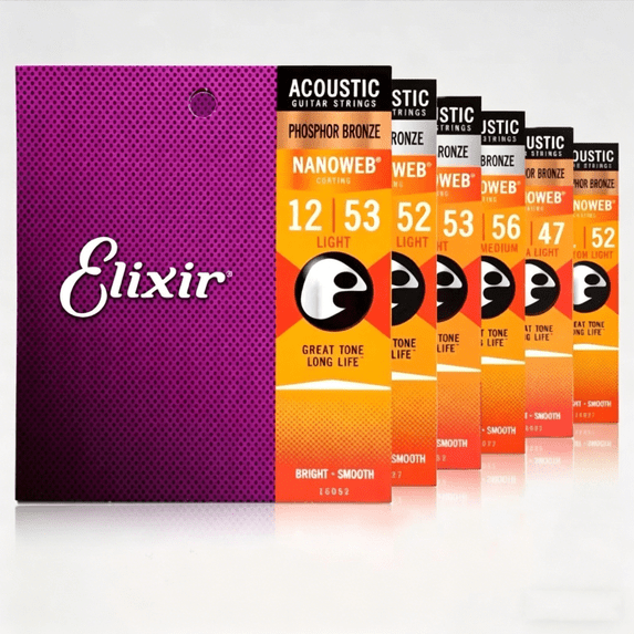 *6 SETS ELIXIR 16052 NANOWEB ACOUSTIC GUITAR STRINGS LIGHT 12-53 PHOSPHOR BRONZE
