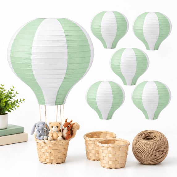 6 Sage Green White Hot Air Balloon Paper Lanterns 12 Inch Reusable ...