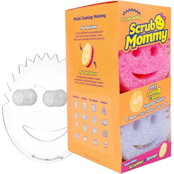 6 Scrub Mommy Kitchen Sponges & 1 Daddy Caddy Sponge Holder - Scratch-Free for Dishes & Multipurpose Cleaning - BPA Free & Made with Polymer Foam - Stain & Odor Resistant