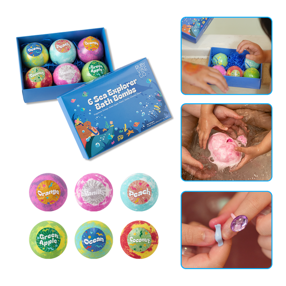RUBY VIBE CO 6 Sea Explorer Bath Bombs with Surprise Ocean Toys Inside, Kids Bath Bomb Gift Set, Bubble Bath Bombs for Kids, 6 Count