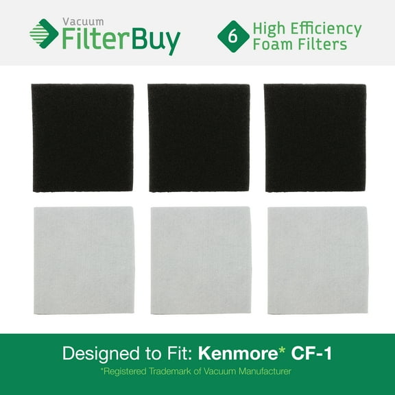 6 Sears Kenmore CF1 Progressive Double Layer Foam Filters. Designed by FilterBuy to Replace Kenmore Part # CF1, CF-1, 20-86883, 86883, 2086883, 4370616, 8175084, 20-40321, 2040321, 40321.