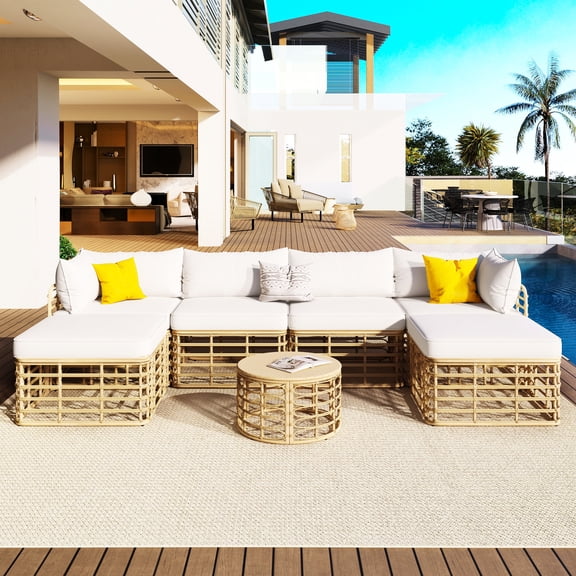 6-Seat All-Weather Rattan Sofa Set with Coffee Table / Versatile for Different Outdoor Settings