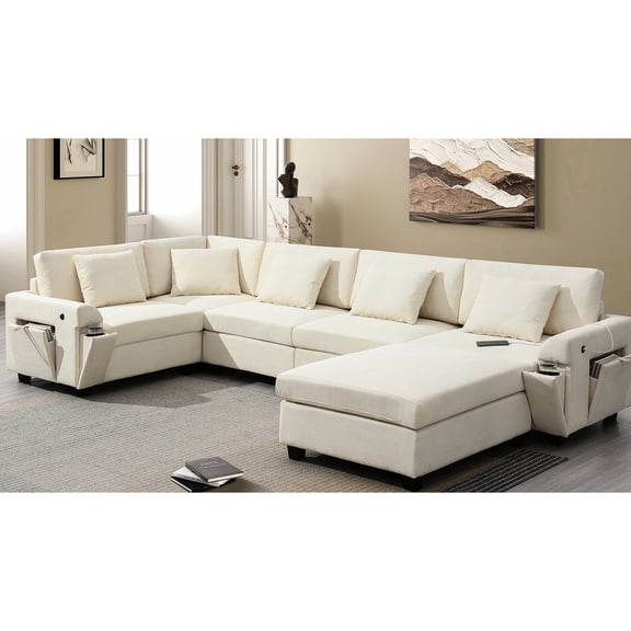 6 Seat Chenille Couch - Customizable Arrangement & USB Ports - Living Room Use - Durable & Modern