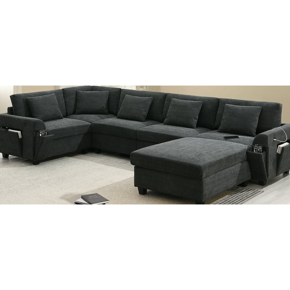 6 Seat Chenille Couch , U Shaped Sectional With Movable , Armrest Storage, Charging Ports & Cup Holders For Apartment Seats, Material, Storage Stylish Home