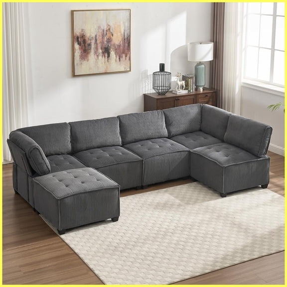 6-Seat Dark Gray Corduroy Modular Sectional Sofa – U-Shaped Convertible Couch with Reversible Chaise for Living Room
