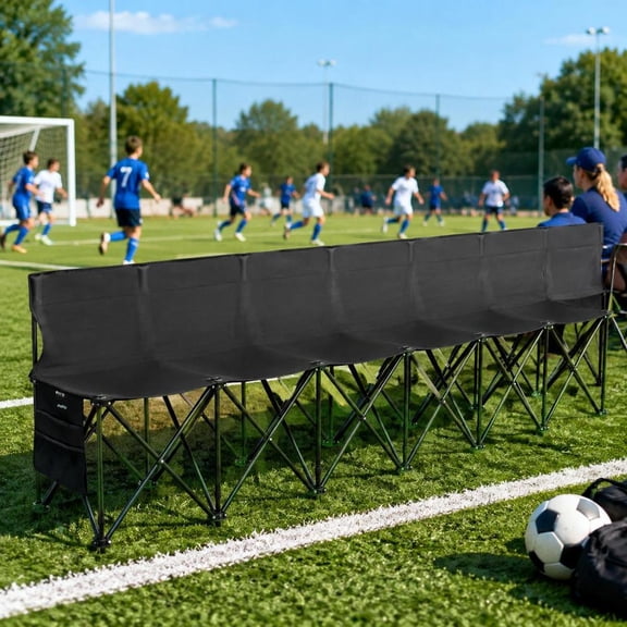 6 Seat Folding Bench Portable Sideline Seating with Backrest Side Pockets and Carry Bag for Soccer Camping Outdoor Events Black