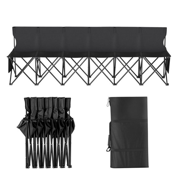 6 Seat Folding Bench Portable Sideline Seating with Backrest Side Pockets and Carry Bag for Soccer Camping Outdoor Events Black