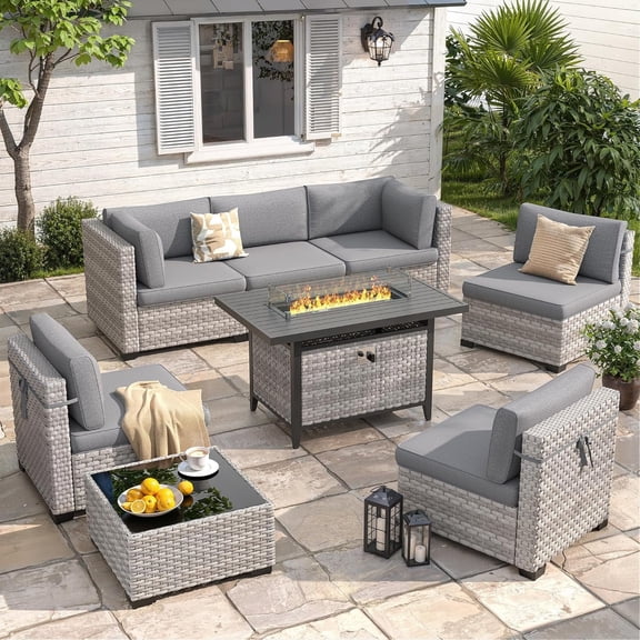 6-Seat Modern Outdoor Wicker Rattan Patio Furniture Set with 55,000 BTU Fire Pit Table, Thick 4″ Cushions, All-Weather Dual-Strand Rattan, Rust-Resistant Steel Frame,Grey