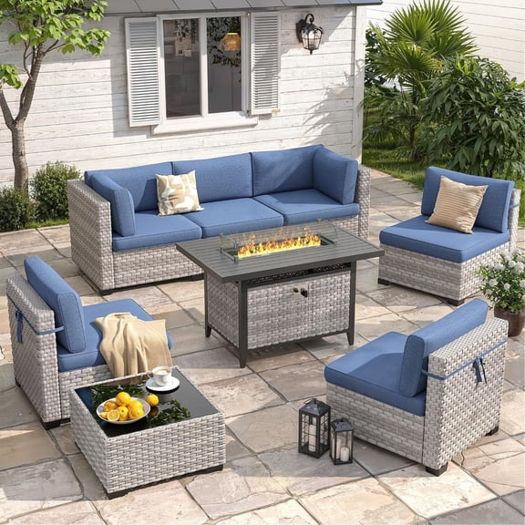 6-Seat Modern Outdoor Wicker Rattan Patio Furniture Set with 55,000 BTU Fire Pit Table, Thick 4″ Cushions, All-Weather Dual-Strand Rattan, Rust-Resistant Steel Frame,Navy