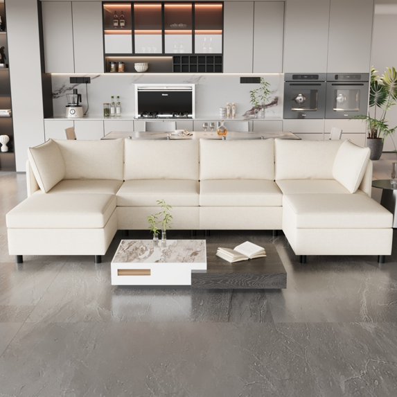 6 Seat Modular Sectional Sofa with Convertible Sofa Seat for Storage, Fabric Sofa Set with Sleeper Sofa Bed for Living Room, Beige