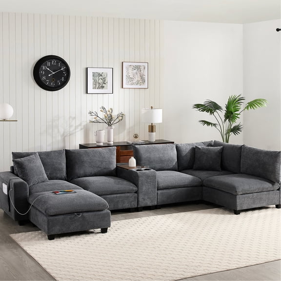 6 - Seat Modular Sofa with Storage Ottoman, Console & Pure Foam Cushions - Suits Various Living Room Layouts