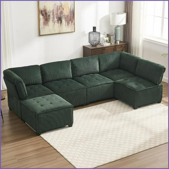 6-Seat Modular U-Shaped Sectional Sofa with Reversible Chaise Plush Corduroy, Supportive, Versatile Living Room Couch | Emerald | Corduroy | Wood