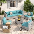 thumbnail image 1 of 6-Seat Outdoor Wicker Sectional Patio Sofa Set with 4" Thick Cushions, Dual-Strand PE Rattan and Rust-Resistant Steel Frame, Modular Garden & Deck Lounge Furniture,Blue, 1 of 9