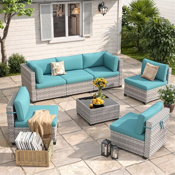 6-Seat Outdoor Wicker Sectional Patio Sofa Set with 4" Thick Cushions, Dual-Strand PE Rattan and Rust-Resistant Steel Frame, Modular Garden & Deck Lounge Furniture,Blue