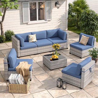 6-Seat Outdoor Wicker Sectional Patio Sofa Set with 4" Thick Cushions, Dual-Strand PE Rattan and Rust-Resistant Steel Frame, Modular Garden & Deck Lounge Furniture,Navy