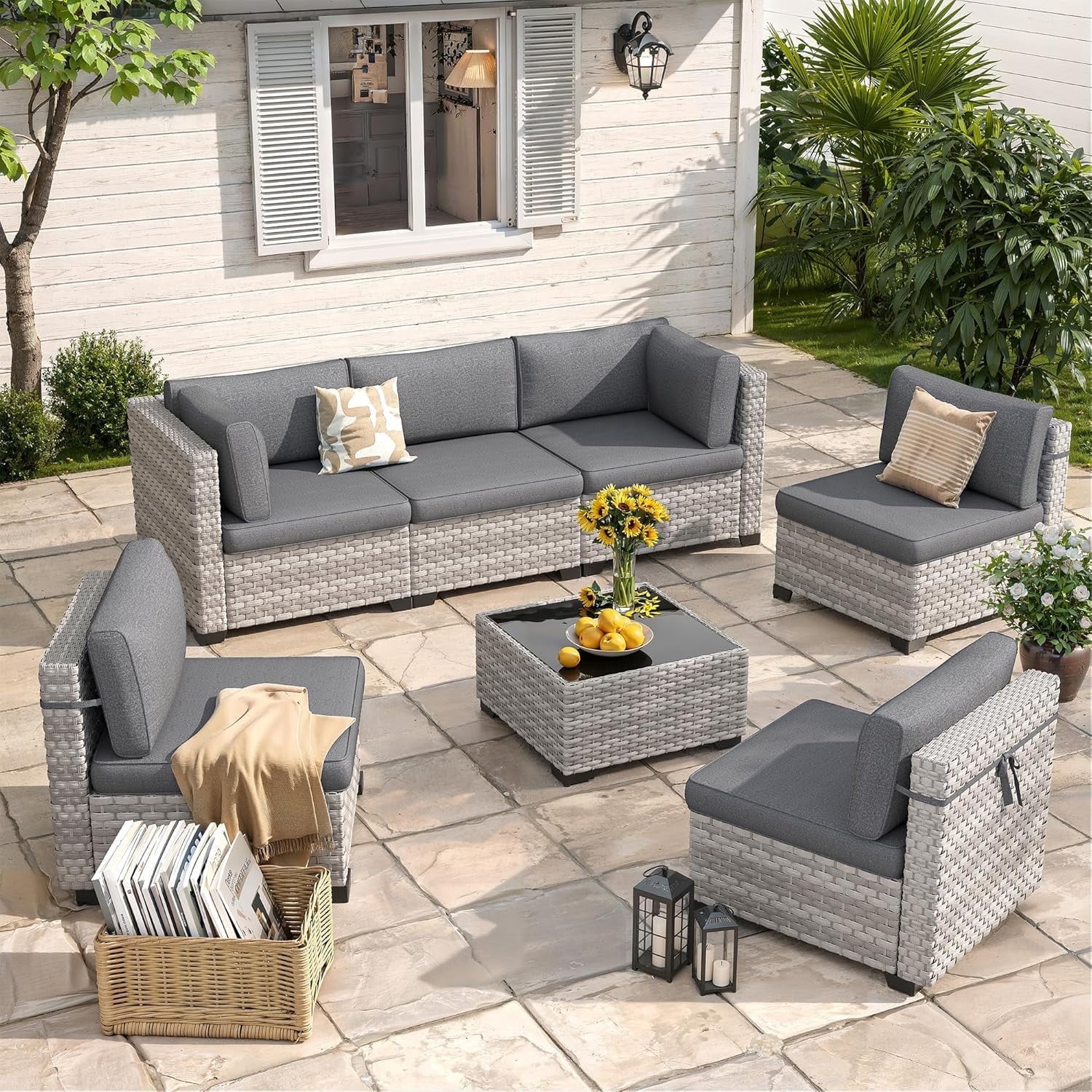 6-Seat Outdoor Wicker Sectional Patio Sofa Set with 4" Thick Cushions, Dual-Strand PE Rattan and Rust-Resistant Steel Frame, Modular Garden & Deck Lounge Furniture,Black