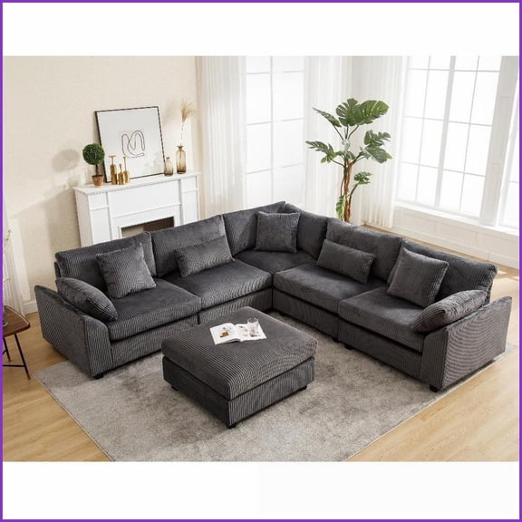 6-Seat Oversized Modular Sectional Sofa for Living Room - Soft Corduroy Upholstery, Free Combination | Dark Gray | Corduroy Fabric | 7 Pillows Included