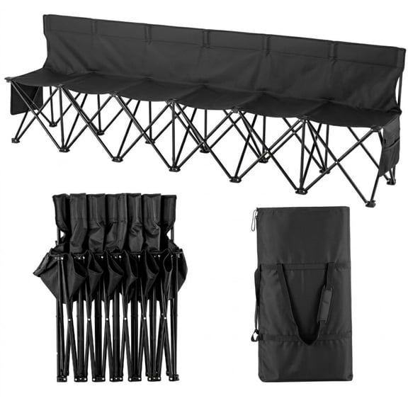 6-Seat Portable Folding Bench, Foldable Soccer Bench with Back Rest & Side Pockets, Black