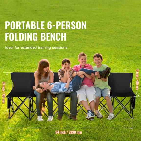 6 Seat Portable Folding Sport Bench Outdoor Camping Chair with Carry Bag Black Cast Iron Frame 600D Oxford Fabric