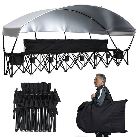 6 Seat Portable Folding Team Bench with Canopy, Outdoor Sports Sun Shade Bench with Cooler & Cup Holders for Soccer, Football, Basketball & Camp Events (Black)
