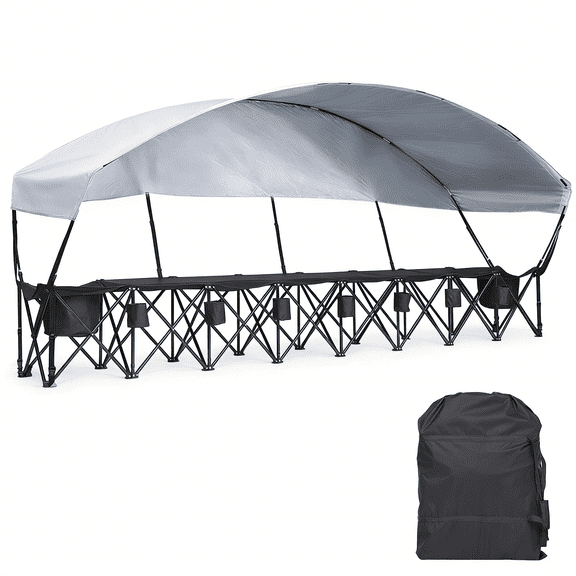 6-Seat Portable Folding Team Sports Bench with Canopy, Outdoor Sun Shade Sideline Bench with Insulated Cooler & Cup Holders for Soccer, Football, Camping & Outdoor Events (Black)