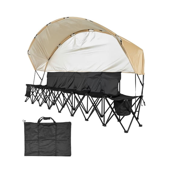 6-Seat Portable Soccer Bench - Folding Team Bench w/ Sunshade, Storage Pockets, Cup Holders - Lightweight Sideline Seating for Football, Baseball, Camping, Black