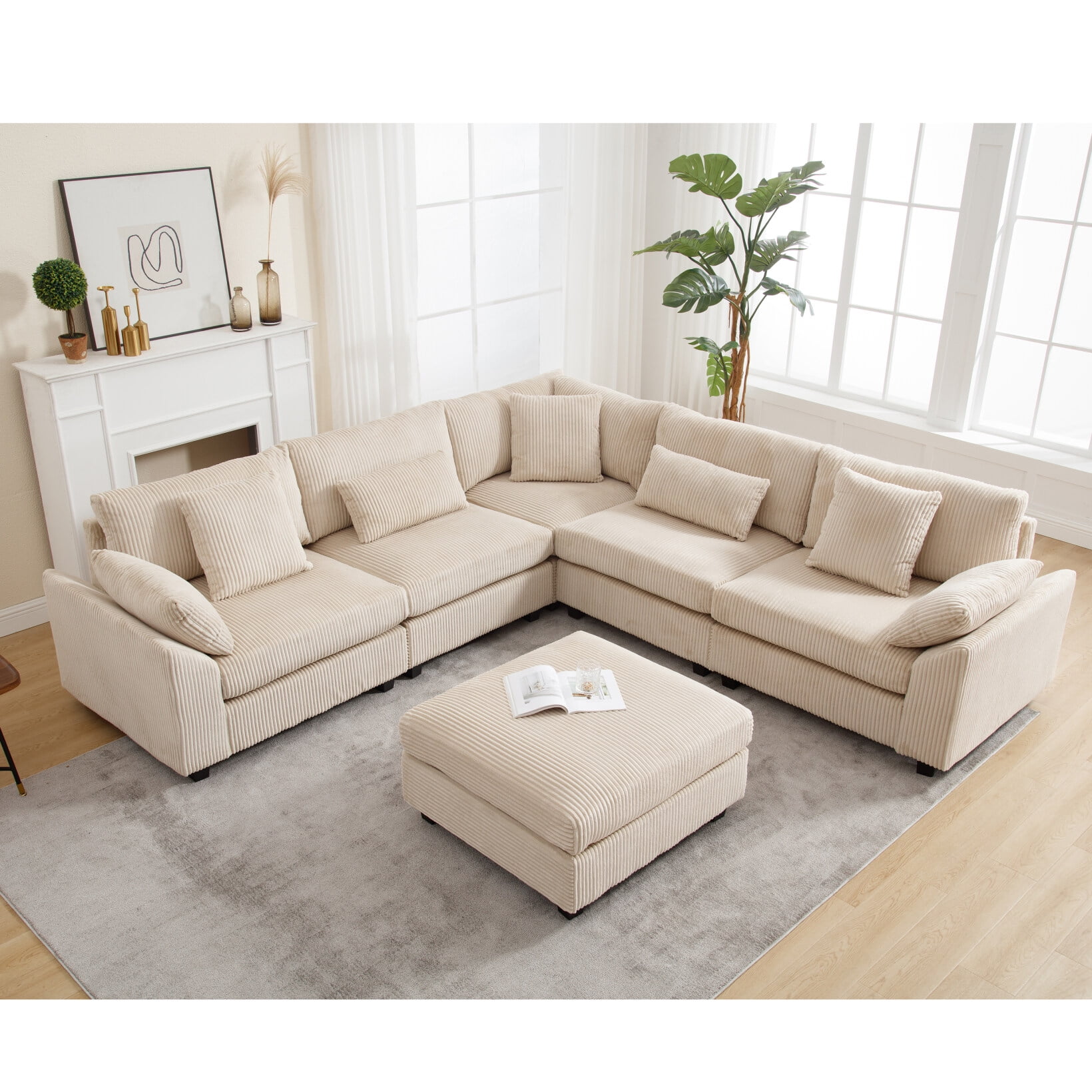 6 Seat Sectional Couches, Oversized Corduroy Modular Couch with Ottoman