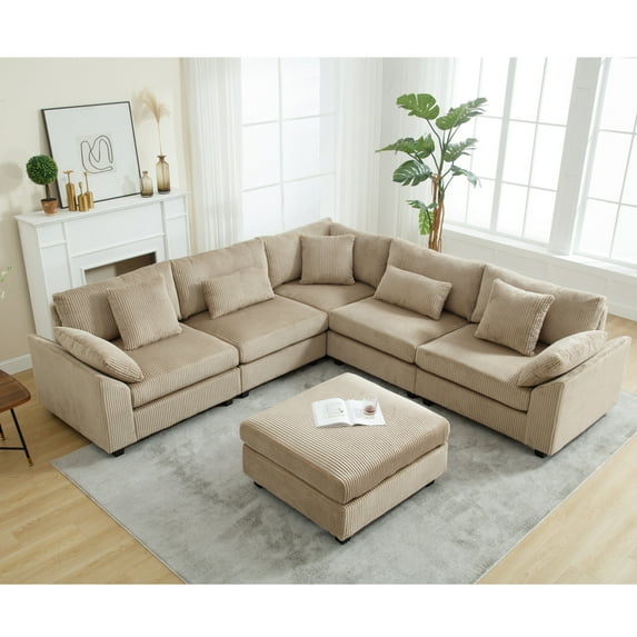 6 Seat Sectional Couches, Oversized Corduroy Modular Couch with Ottoman, Upholstered Sectional Couches for Living Room,Bedroom, Apartment, Office, Brown