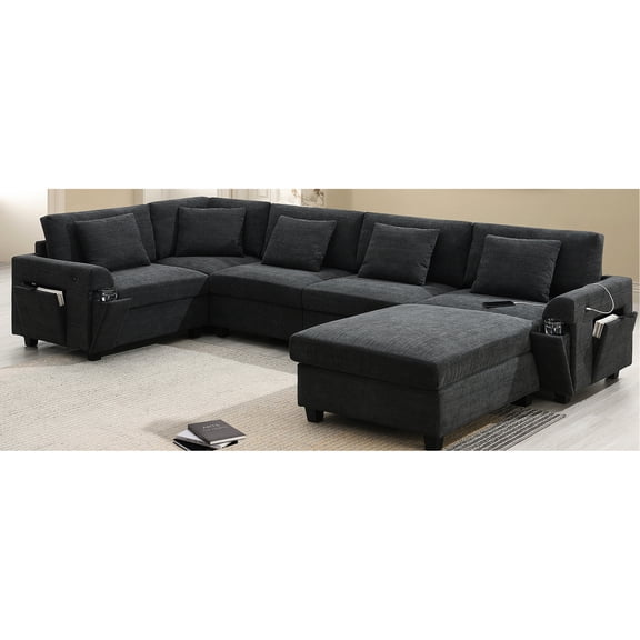 6 Seat U Shaped Chenille Sofa | Multi - function Ottoman for Relaxing and Entertaining, Cup Holders | Create a Customized and Functional Seating Area