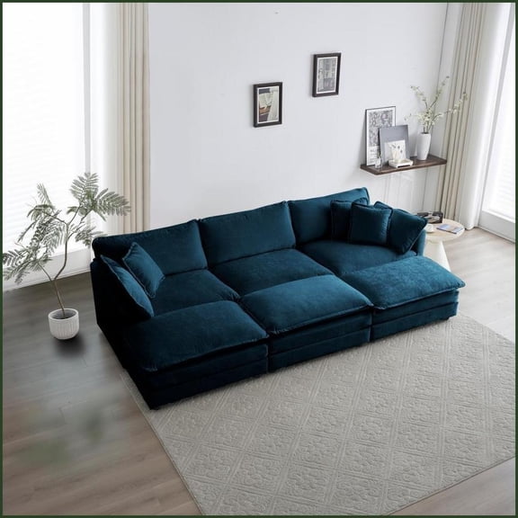 6-Seat U-Shaped Modular Chenille Sofa with Ottomans & Pillows Blue | Solid Wood Frame | Cushion Back | Chenille