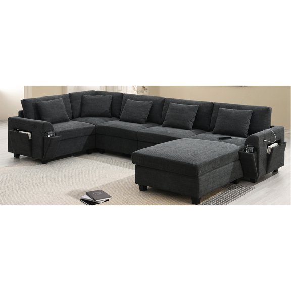 6 Seat U Shaped Sectional Couch, Chenille Upholstery, With Hidden Storage & Cup Holders For Modern Living 128*67" Seat, Movable , , Charging Apartment