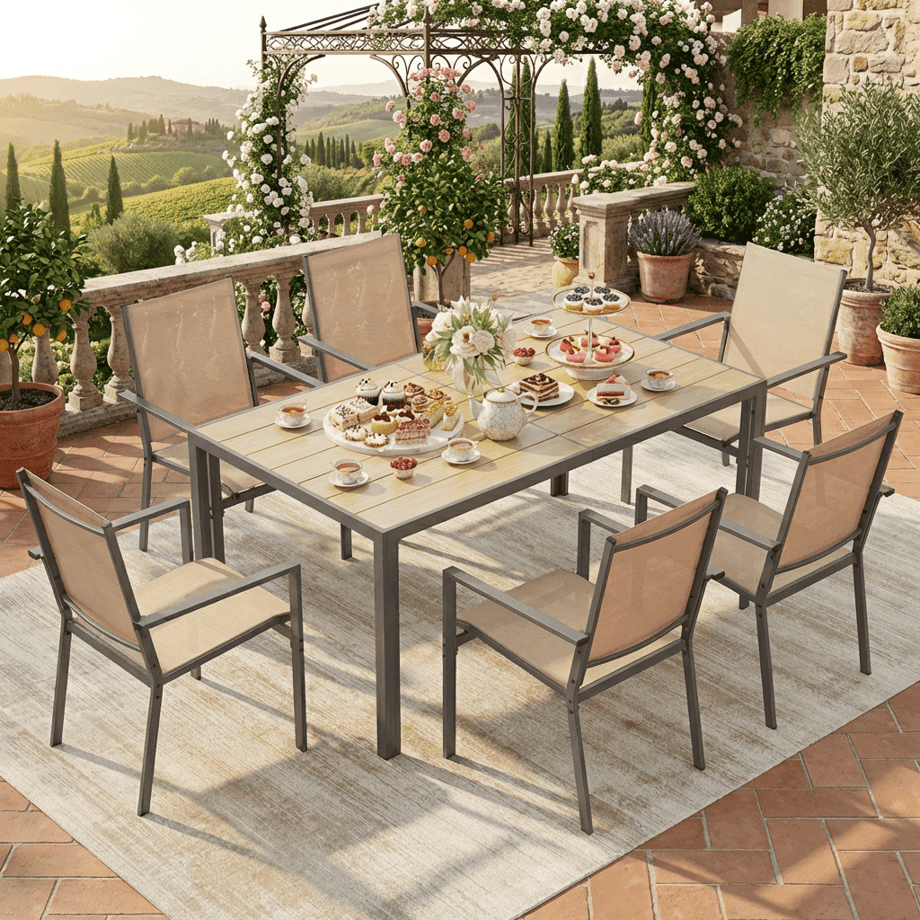 brown patio table 6 seater with umbrella HERA'S HOUSE 7pc Dining Set, Outdoor Wood-Like Metal & Chairs ergonomic high 6-Piece Metal Outdoor Dining Set